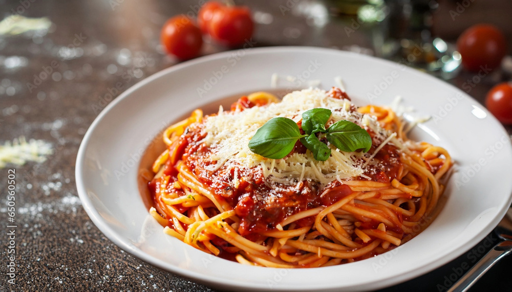 Traditional Italian Spaghetti with Tomato Sauce and grated Parmesan on top Traditional Italian Spaghetti with Tomato Sauce and grated Parmesan on top