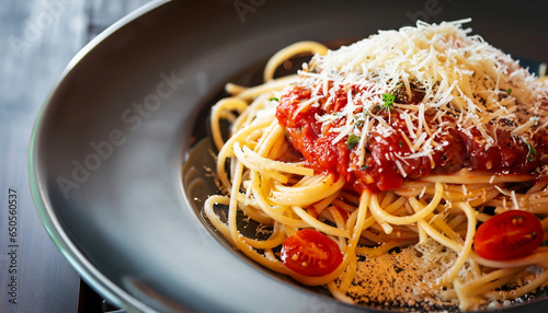 Traditional Italian Spaghetti with Tomato Sauce and grated Parmesan on top
