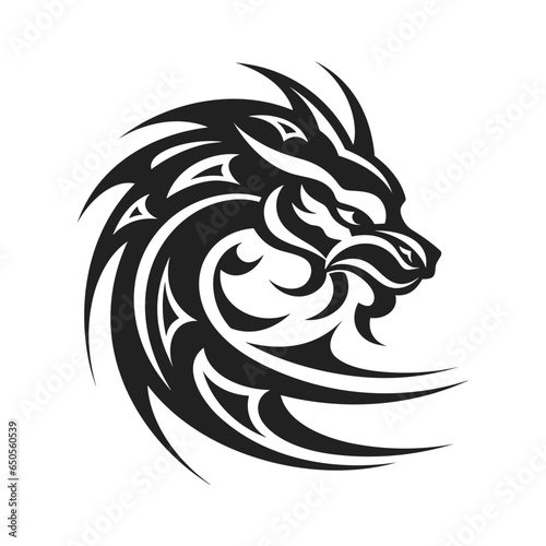 Tribal tattoo of the dragon head silhouette ornament flat style design vector illustration isolated on white background. Chinese symbol and fantasy mascot monster for design ideas and tattoos.