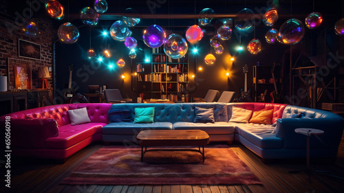 Party room with colorful lights for parties. interior design concept