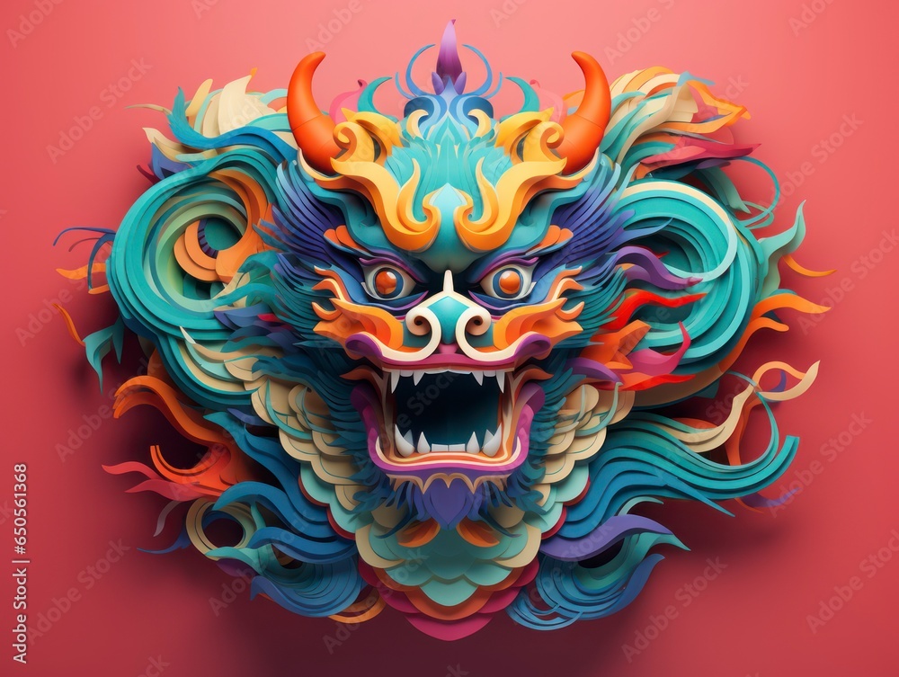 3d style minimalistic Chinese Dragon bright colors composition