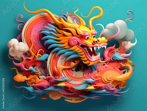 3d style minimalistic Chinese Dragon bright colors composition