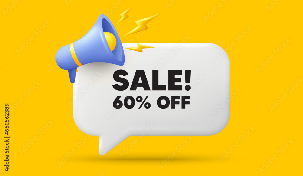 Sale 60 percent off discount. 3d speech bubble banner with megaphone. Promotion price offer sign. Retail badge symbol. Sale chat speech message. 3d offer talk box. Vector - obrazy, fototapety, plakaty 