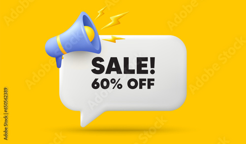 Sale 60 percent off discount. 3d speech bubble banner with megaphone. Promotion price offer sign. Retail badge symbol. Sale chat speech message. 3d offer talk box. Vector