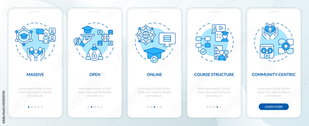 Fototapeta premium 2D icons representing MOOC mobile app screen set. Walkthrough 5 steps blue graphic instructions with simple thin linear icons concept, UI, UX, GUI template.