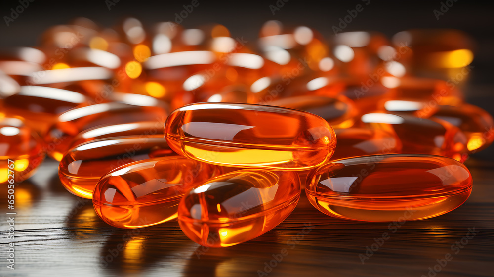 Fish oil capsules with omega 3 and vitamin D on yellow background. Fish oil capsules with omega 3 and vitamin D on yellow background.