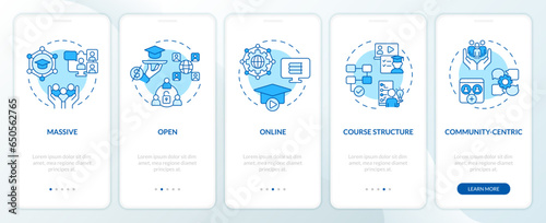 2D icons representing MOOC mobile app screen set. Walkthrough 5 steps blue graphic instructions with simple thin linear icons concept, UI, UX, GUI template.