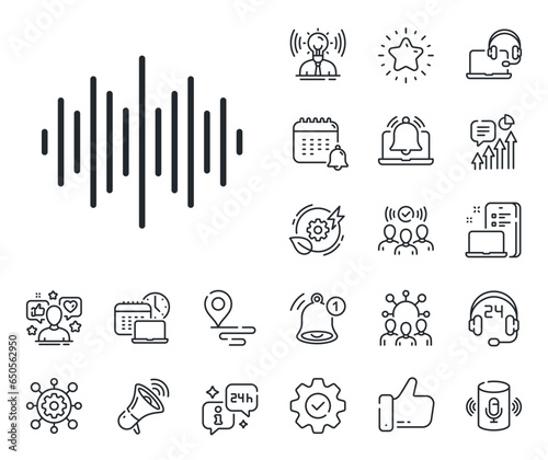 Audio track sign. Place location, technology and smart speaker outline icons. Sound wave line icon. Radio music symbol. Sound wave line sign. Influencer, brand ambassador icon. Vector
