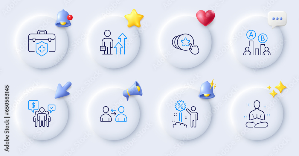 Discount, Ab testing and Business results line icons. Buttons with 3d bell, chat speech, cursor. Pack of Yoga, Teamwork, Medical insurance icon. Communication, Hold heart pictogram. Vector Discount, Ab testing and Business results line icons. Buttons with 3d bell, chat speech, cursor. Pack of Yoga, Teamwork, Medical insurance icon. Communication, Hold heart pictogram. Vector