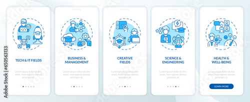2D blue icons representing MOOC mobile app screen set. Walkthrough 5 steps graphic instructions with linear icons concept, UI, UX, GUI template.