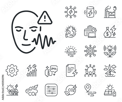 Face scan sign. Energy, Co2 exhaust and solar panel outline icons. Voice wave line icon. Voice verification symbol. Voice wave line sign. Eco electric or wind power icon. Green planet. Vector