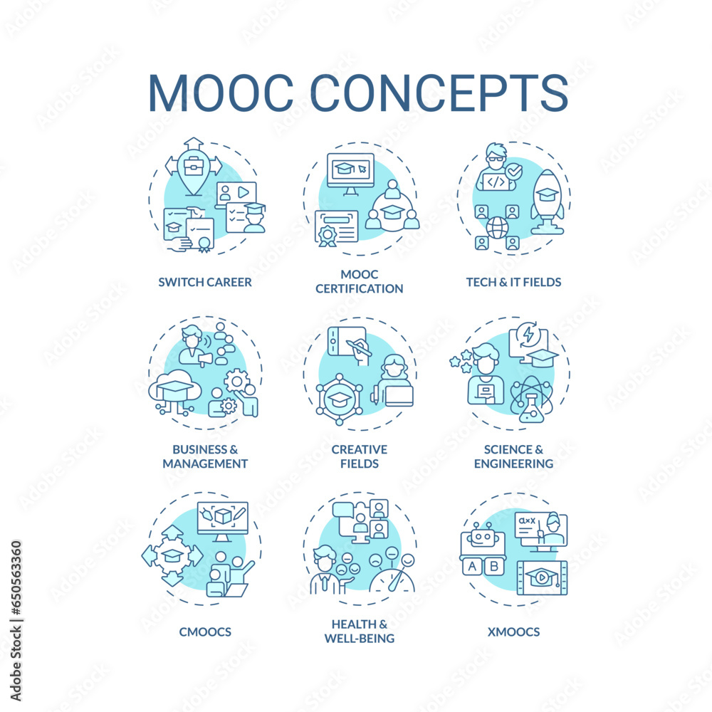 Set of 2D editable blue thin line icons representing MOOC, monochromatic isolated vector, linear illustration.