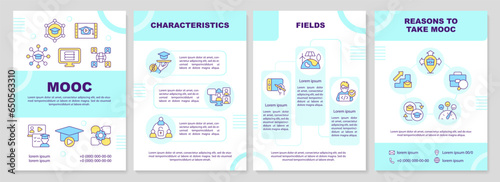 2D blue MOOC brochure template, leaflet design with multicolor thin linear icons, 4 vector layouts.