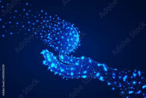 Vector image of artificial intelligence in the form of a glowing ball and a hand. Science, futuristic, high technology. Vector illustration