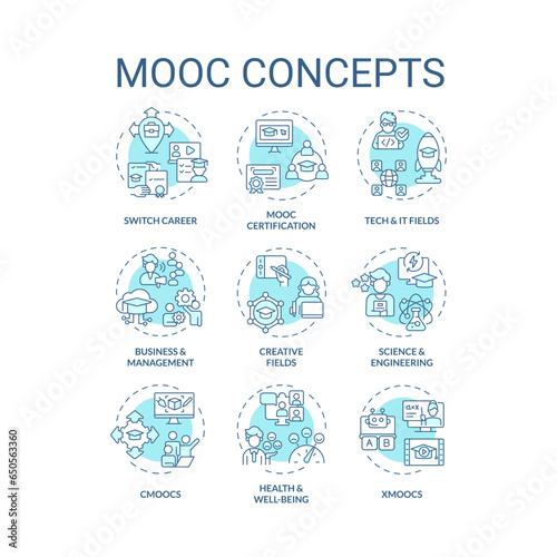 Set of 2D editable blue thin line icons representing MOOC, monochromatic isolated vector, linear illustration.