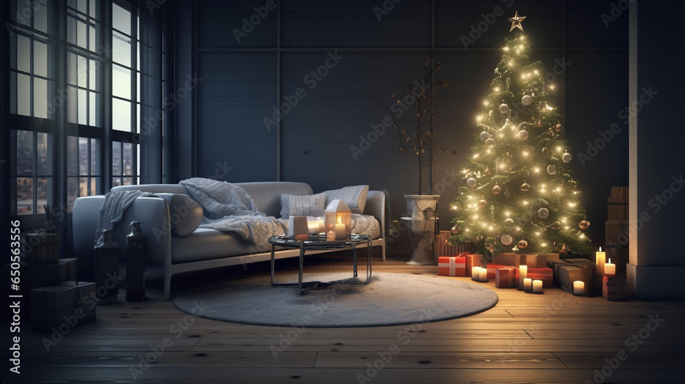 Cozy bright  interior with Christmas tree.