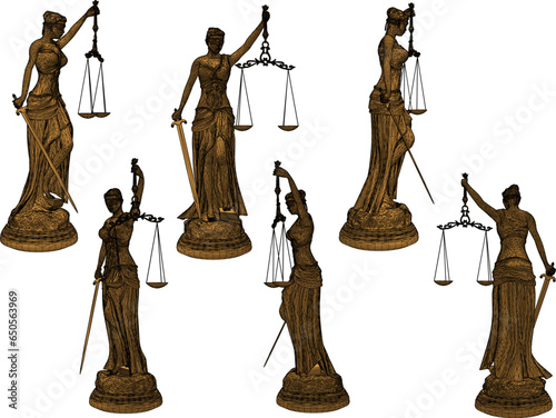 Vector sketch illustration of the design of a classical statue of the goddess of justice carrying a sword and scales