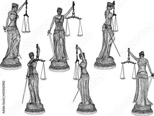 Vector sketch illustration of the design of a classical statue of the goddess of justice carrying a sword and scales