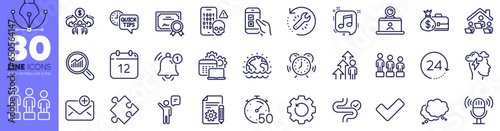 Time management, Employee result and 24 hours line icons pack. Recovery gear, Digestion, Musical note web icon. New mail, Cyber attack, Speech bubble pictogram. Microphone, Agent, Salary. Vector