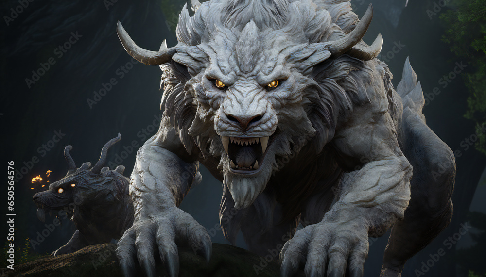 Recreation of a statue of a threatening chimera creature, monstrous ...