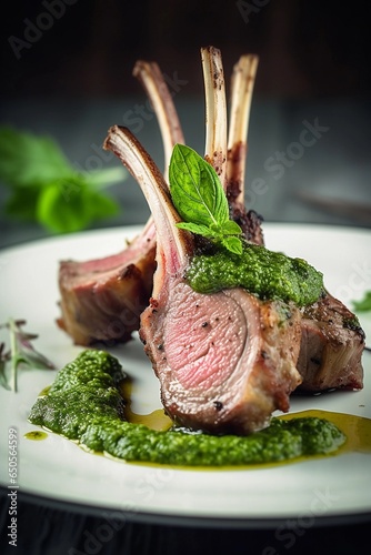 Close-up of lamb chops with green sauce,created with Generative AI technology. photo