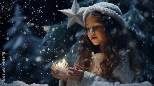 Girl make a Wish for Christmas. AI Generative