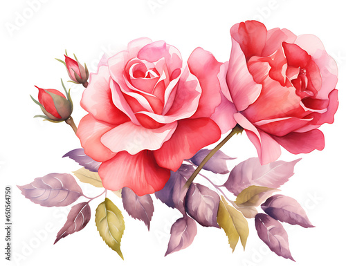 Watercolor red rose flowers on white background