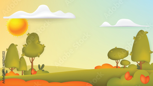 Autumn countryside landscape with yellow, red trees in 3d style. Vector illustration. Fall scene, october field with yellowing trees.
