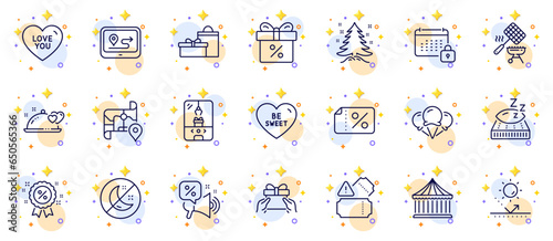 Outline set of Love you, Discounts offer and Crane claw machine line icons for web app. Include Give present, Be sweet, Gps pictogram icons. Discount banner, Romantic dinner, Calendar signs. Vector
