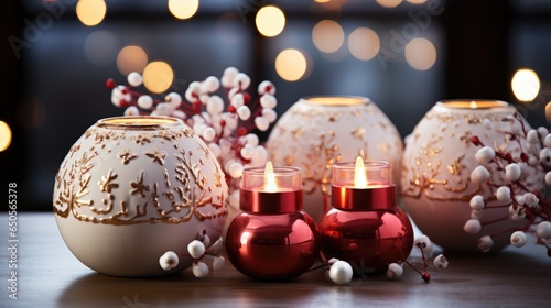 elegant decoration with christmas balls in red, gold and white tones with a blurred background