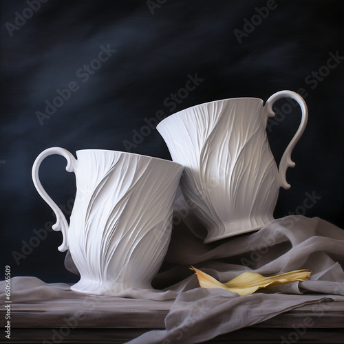 two white mugs on a elegant dark background 