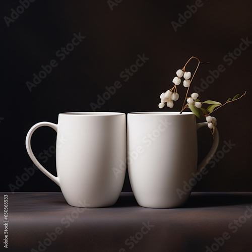 two white mugs on a elegant dark background 
