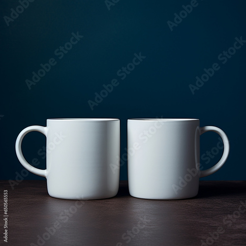 Two white mugs on an elegant dark background 