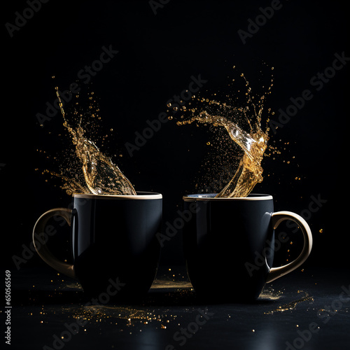 two white mugs on dark background 