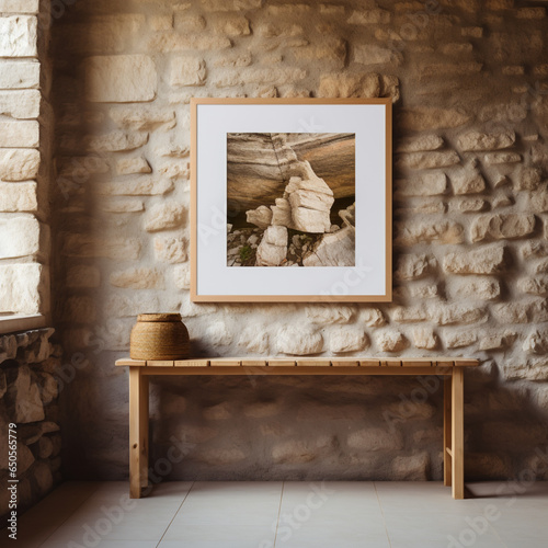 white poster in a wooden frame on a stone wall 