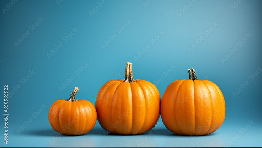 Autumn décor. Still life of three pumpkins. Halloween pumpkins. Comfort. Blue background. Copy space Autumn décor. Still life of three pumpkins. Halloween pumpkins. Comfort. Blue background. Copy space