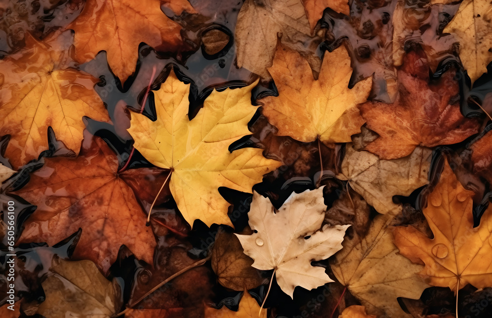 Autumn Raindrops on Fallen Leaves Close-Up, AI generated
