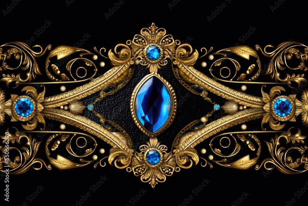 A blue and gold background with a border with gold and turquoise beads, Generative AI