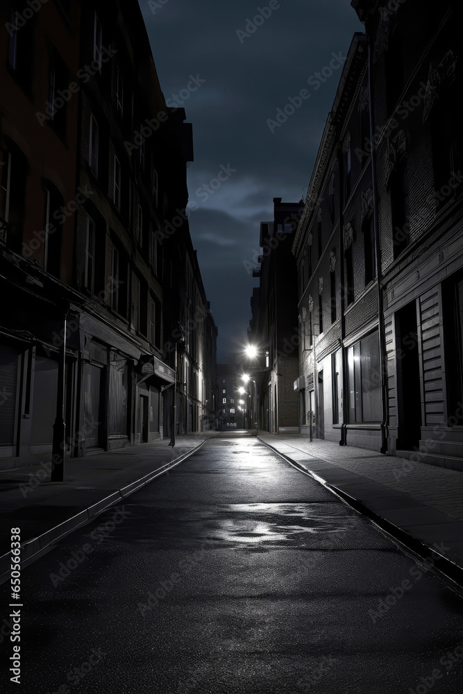 Dark street in a city with dim lights