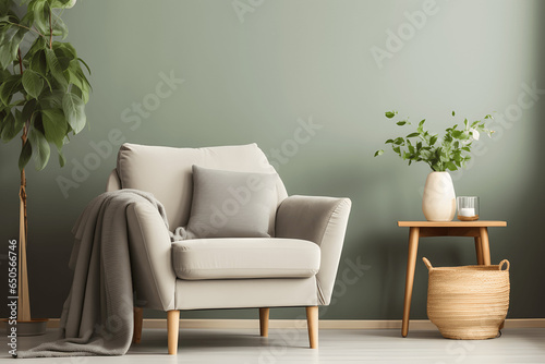 Stylish living room interior design with mock up poster frame  frotte armchair  wooden commode  side table  plants and creative home accessories Sage green wall.