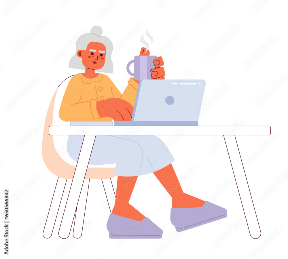 Retired elderly woman typing laptop cartoon flat illustration. Female senior freelancer sitting at desk 2D character isolated on white background. Drinking coffee computer scene vector color image