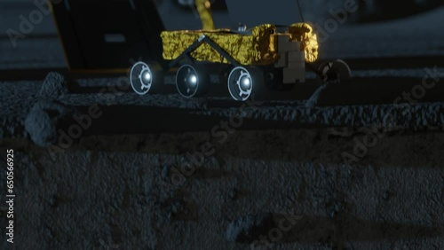 3D animation showing the Pragyan rover and below the Lunar surface photo