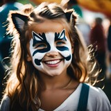 a cute little girl wearing cat kitten face paint at a county fair.