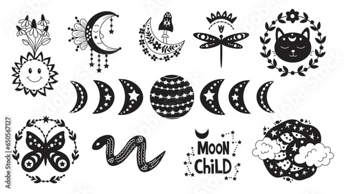 Doodle Mystical set. Hand drawn sacred witchcraft set. Mystic, magical symbols. Mystery line art elements collection. Retro boho style sun, crescent, cat, moon, snake, stars. Vector illustration