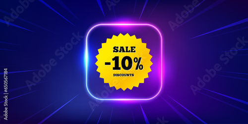 Sale 10 percent off banner. Neon light frame offer banner. Discount sticker shape. Coupon star icon. Sale 10 percent promo event flyer, poster. Sunburst neon coupon. Flash special deal. Vector