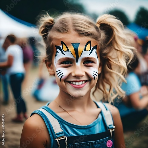 a cute little girl wearing cat kitten face paint at a county fair.