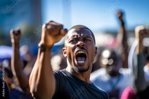 A determined African American man among the crowd  angry  proud and confident  fighting and protesting with raised fists against racism  for justice and equality - Black Lives Matter