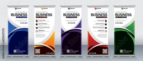 Roll up banner design for business events, presentations and for marketing in print ready blue, orange, red, green, purple colors