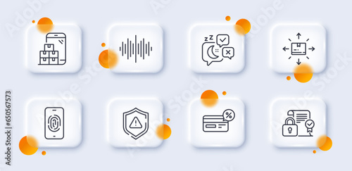 Sound wave, Shield and Mobile inventory line icons pack. 3d glass buttons with blurred circles. Sleep, Fingerprint, Cashback web icon. Security contract, Cardboard box pictogram. Vector