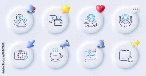 Wallet, Calendar and Employee hand line icons. Buttons with 3d bell, chat speech, cursor. Pack of Delivery service, Photo camera, Coffee cup icon. Map, Deflation pictogram. Vector